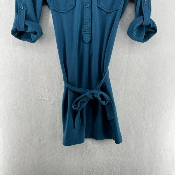 Max Studio Dress XS Teal Blue Collared V-Neck 3/4 Sleeve Roll-Tab Stretch Belted - Picture 7 of 11